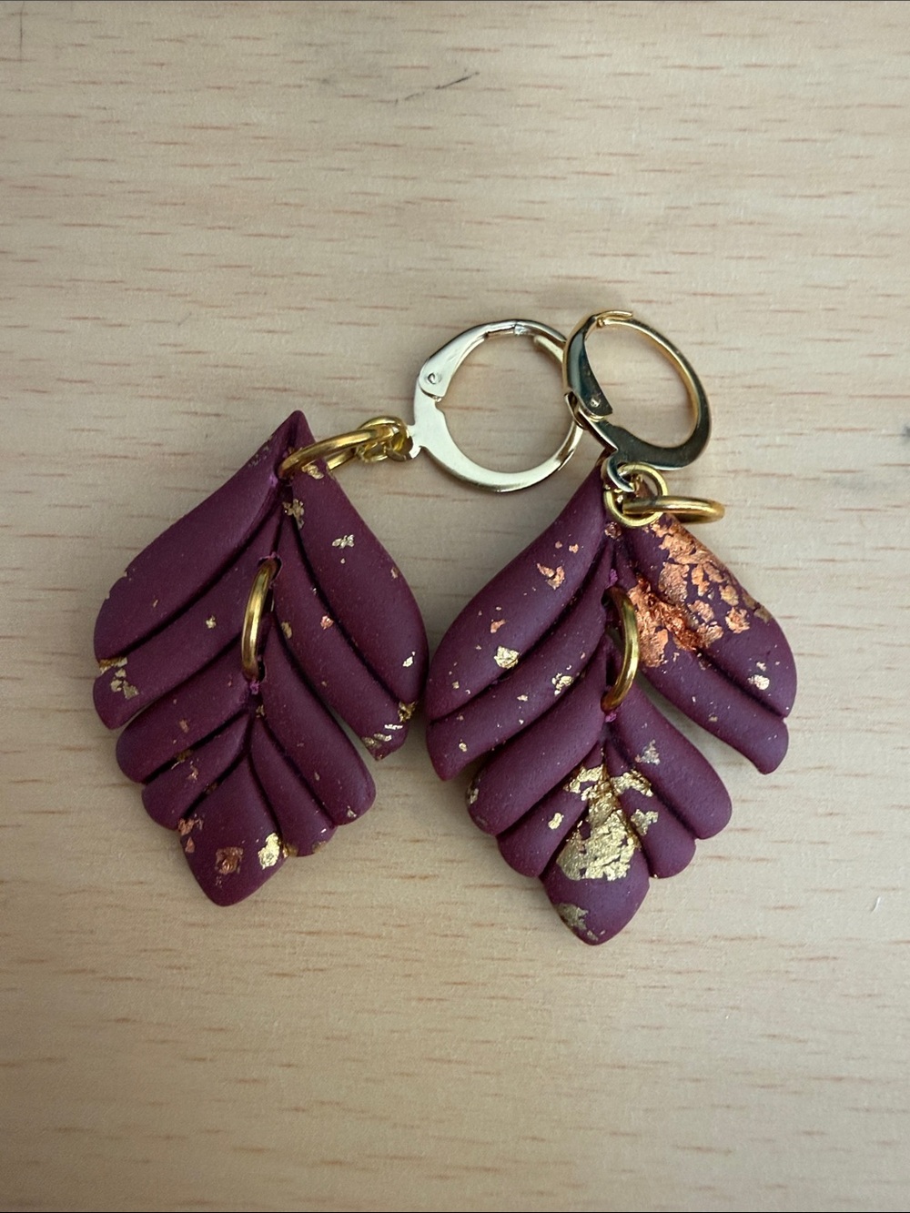 Handcrafted Maroon Leaf Drop Earrings with Gold Accents
